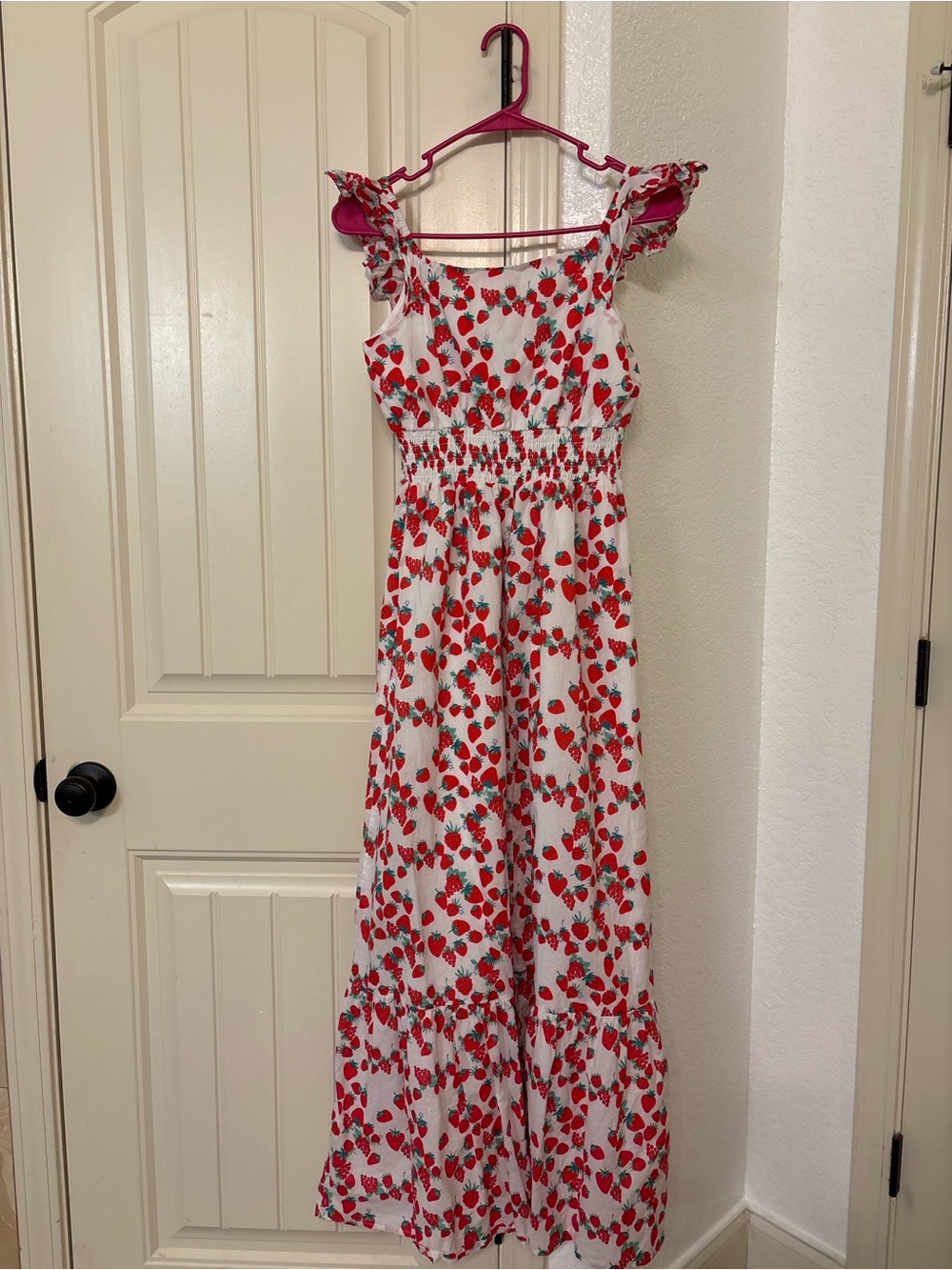 Betsy Johnson Strawberry Print Maxi Dress XS Cottagecore Ruffle Smocked - Picture 2 of 4